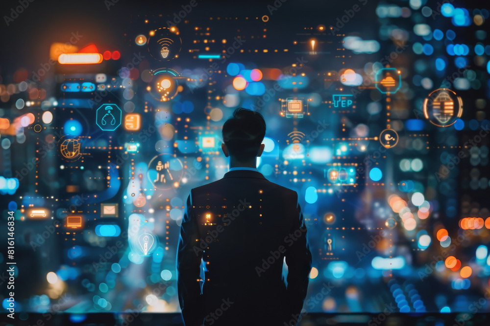 A man in a suit looking at a screen that says ' eep ' on it A man in a suit looking at a screen that says ' eep ' on it