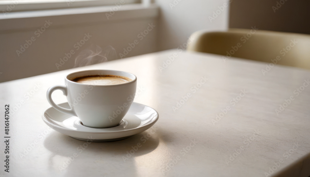 Morning Coffee: A white cup filled with steaming coffee rests on a clean white table, casting a subtle shadow. creating a serene morning scene. Morning Coffee: A white cup filled with steaming coffee rests on a clean white table, casting a subtle shadow. creating a serene morning scene.