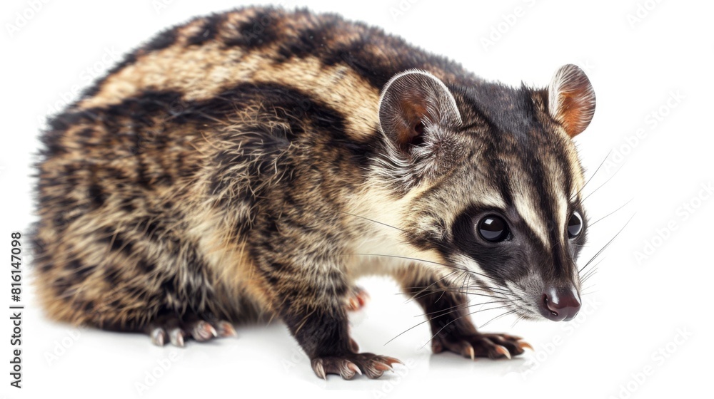Obraz premium A charming image of a spotted genet with its head turned, showing its inquisitive nature in a studio setting, perfectly isolated on a white background