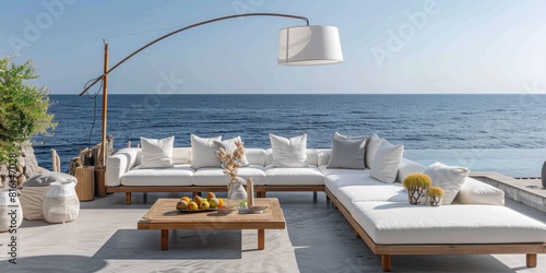 A wooden sofa with pillows ...
