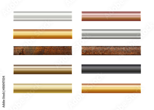 Pipe set isolated on background. Chrome, rusty, steel, golden, copper and iron pipes profile. Cylinder metal tubes. Vector