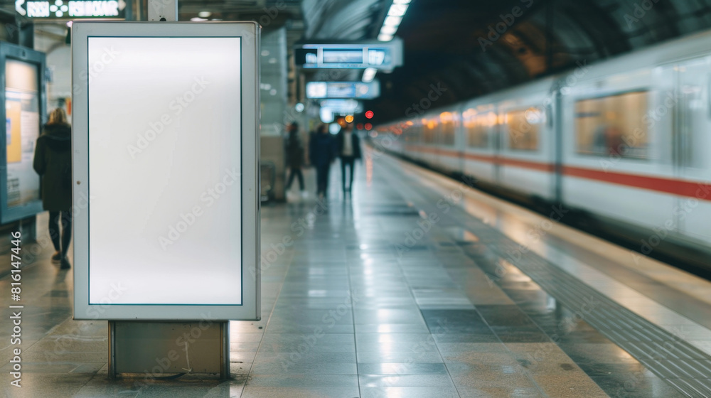 A photo of a blank billboard at a train station, a mockup template for an advertising poster or banner with a copy space area. A white vertical frame on a glass display A photo of a blank billboard at a train station, a mockup template for an advertising poster or banner with a copy space area. A white vertical frame on a glass display