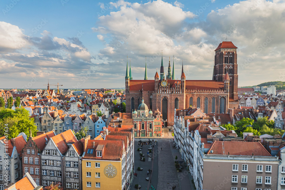 View from a drone of the Main Town in Gdańsk and St. Mary's Basilica.