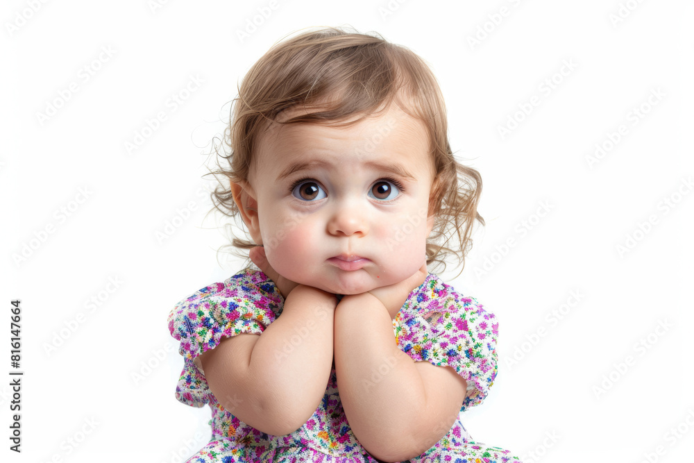 A bashful toddler in a flower-patterned dress, isolated from the surroundings, cut out from the background, without background. Concept of shyness and innocence. Generative Ai. A bashful toddler in a flower-patterned dress, isolated from the surroundings, cut out from the background, without background. Concept of shyness and innocence. Generative Ai.