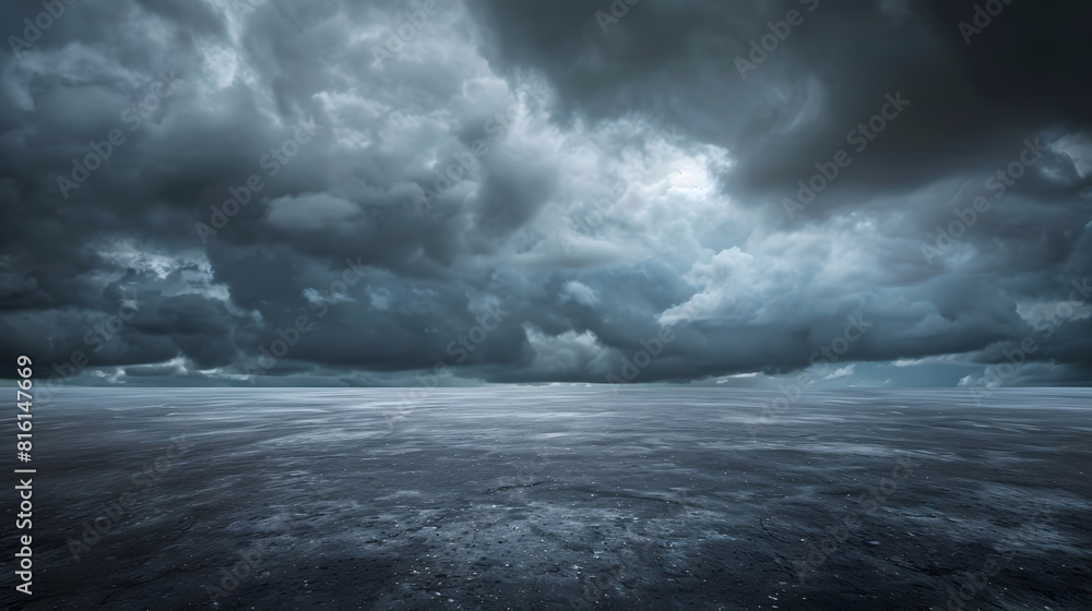 Fototapeta premium Dark Floor Background with Dramatic Sky and Scenic Clouds Panoramic Horizon Scene : Generative AI