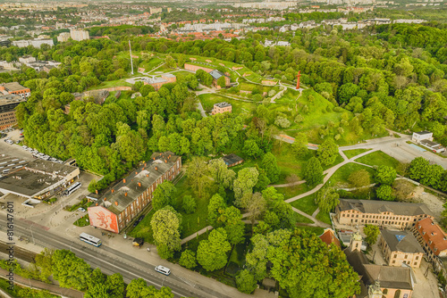 View from a drone of Góra Gradowa in Gdańsk on a beautiful spring morning.