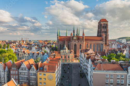 View from a drone of the Main Town in Gdańsk and St. Mary's Basilica.