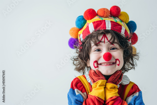 A jubilant boy in a clown costume  standing alone against a white background  devoid of surroundings. Concept of joy and playfulness. Generative Ai.