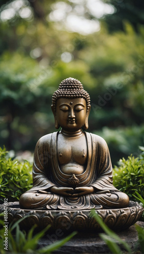 Tranquil Buddha Statue Surrounded by Verdant Zen Landscape