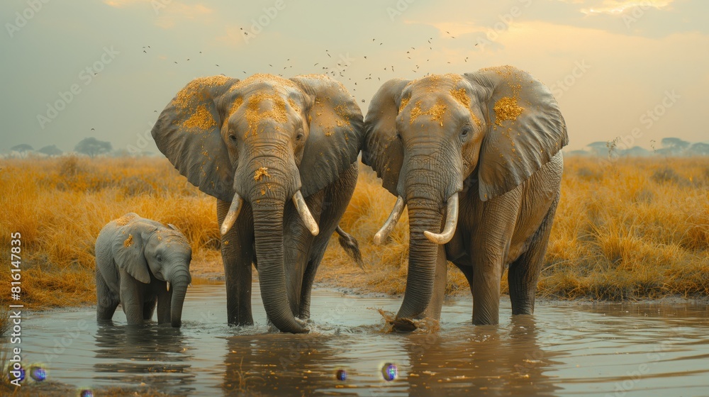 Fototapeta premium Nature documentary, elephants at a watering hole, African savanna, herd with playing calves, soft diffused daylight, birds in the sky created by ai