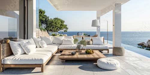 A wooden sofa with pillows ...