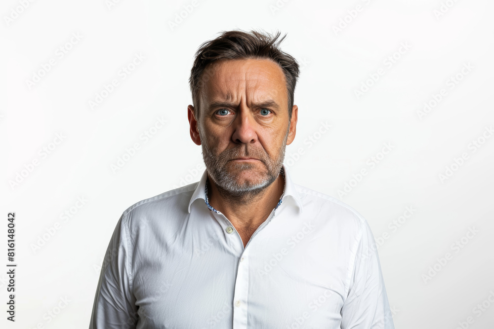 A serious man with a furrowed brow, detached from the surroundings, trimmed from the background, without background. Concept of concentration and focus. Generative Ai. A serious man with a furrowed brow, detached from the surroundings, trimmed from the background, without background. Concept of concentration and focus. Generative Ai.