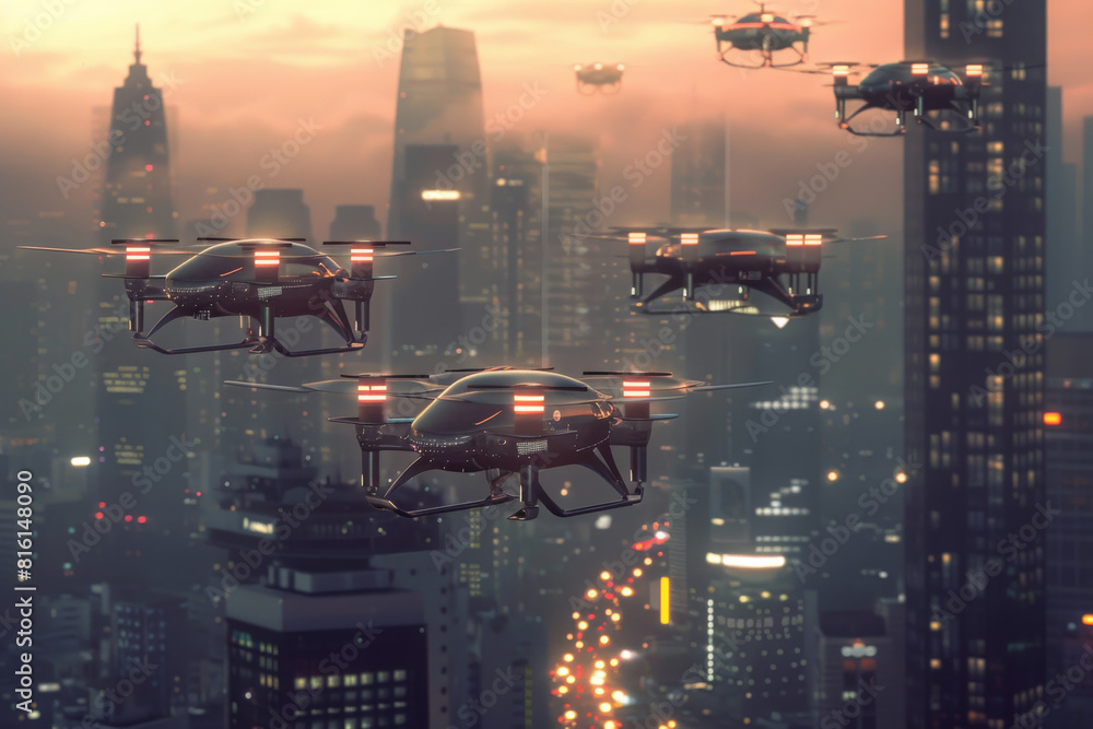 A group of drones are flying over a city at night A group of drones are flying over a city at night