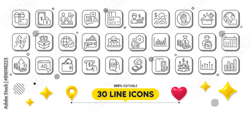 Armed robbery, Phone pay and Business growth line icons pack. 3d design elements. Salary employees, Fraud, Growth chart web icon. Bribe, Atm service, Launder money pictogram. Vector