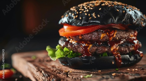 Close up of a big black burger featuring beef patties and tomato sauce representing fast food concept