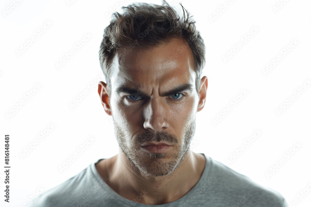 A serious man with a stern expression, detached from the backdrop, isolated from the background, with no background. Concept of seriousness and focus. Generative Ai.