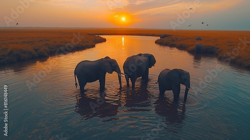 Nature documentary, elephants at a watering hole, African savanna, herd with playing calves, soft diffused daylight, birds in the sky created by ai © gustav