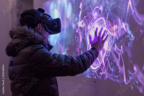 A man wearing a virtual reality headset is touching a screen