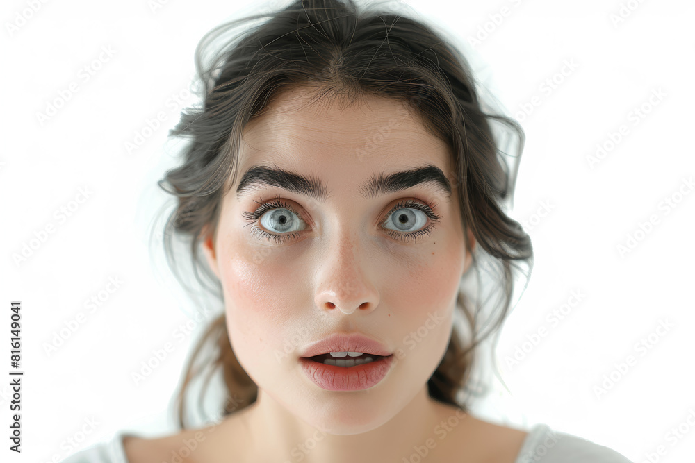A woman with a curious expression and raised eyebrows, separated from the environment, trimmed from the background, with no background. Concept of curiosity and wonder. Generative Ai. A woman with a curious expression and raised eyebrows, separated from the environment, trimmed from the background, with no background. Concept of curiosity and wonder. Generative Ai.