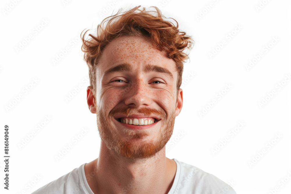 Fototapeta premium A confident man with a charismatic smile, detached from the surroundings, isolated from the background, with no background. Concept of self-assurance and charisma. Generative Ai.