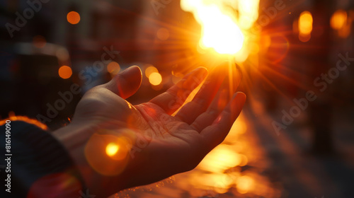 A hand is raised in the air, with the sun shining on it. Concept of hope and positivity, as the sun's rays illuminate the hand and create a warm, inviting atmosphere © Alina Tymofieieva