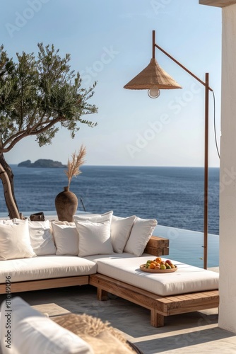A wooden sofa with pillows ...