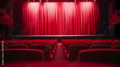 Darkened empty movie theatre and stage with the red curtains drawn viewed over rows of vacant seats from the rear : Generative AI
