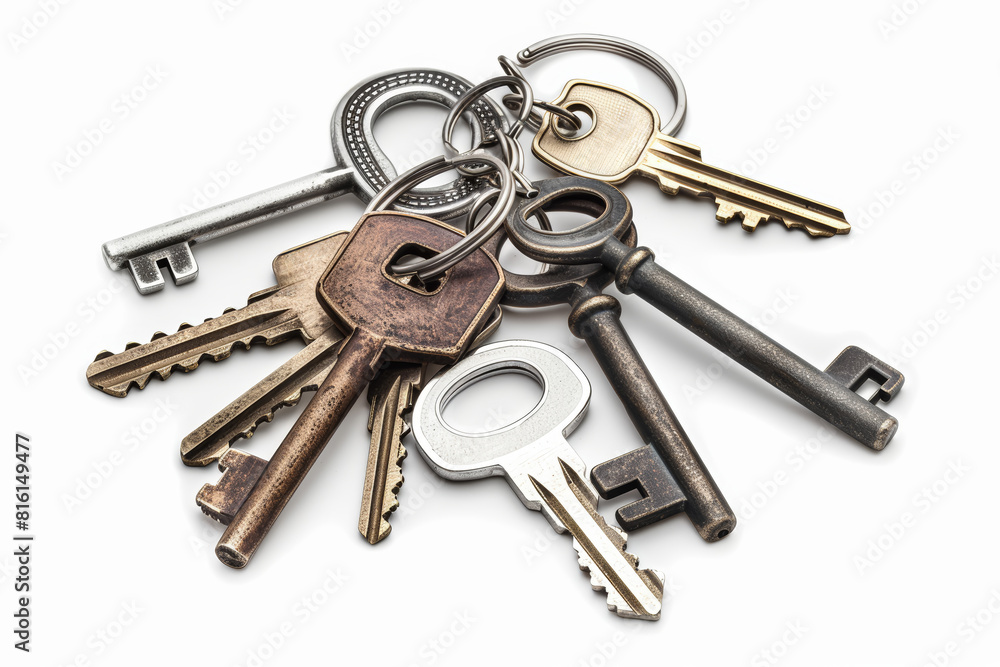 A set of keys with various keychains isolated against a clean white background, cut out from the background, with no background. Concept of access and security. Generative Ai. A set of keys with various keychains isolated against a clean white background, cut out from the background, with no background. Concept of access and security. Generative Ai.