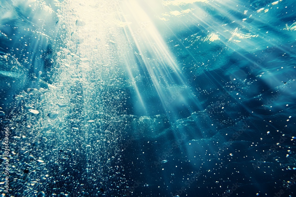 Sunbeams shining through the underwater environment, depicting tranquility and natural beauty