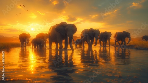 Nature documentary  elephants at a watering hole  African savanna  herd with playing calves  soft diffused daylight  birds in the sky created by ai