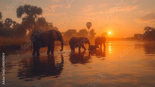 Nature documentary  elephants at a watering hole  African savanna  herd with playing calves  soft diffused daylight  birds in the sky created by ai