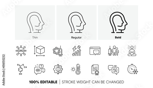 Transform  Chemical formula and 5g internet line icons. Pack of Seo message  Voicemail  Weather thermometer icon. Coronavirus vaccine  Medical vaccination  Freezing timer pictogram. Line icons. Vector