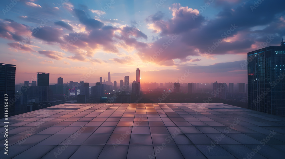 Empty square floor and city skyline with sky clouds at sunset : Generative AI Empty square floor and city skyline with sky clouds at sunset : Generative AI