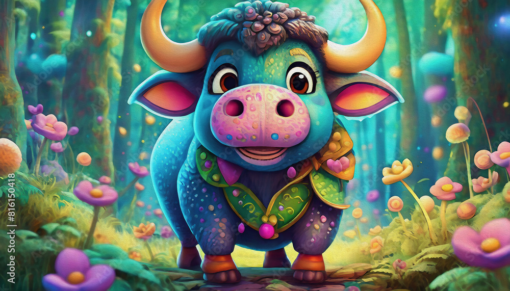 Fototapeta premium oil painting style cartoon character Buffalo, animal, cartoon, illustration, cow,