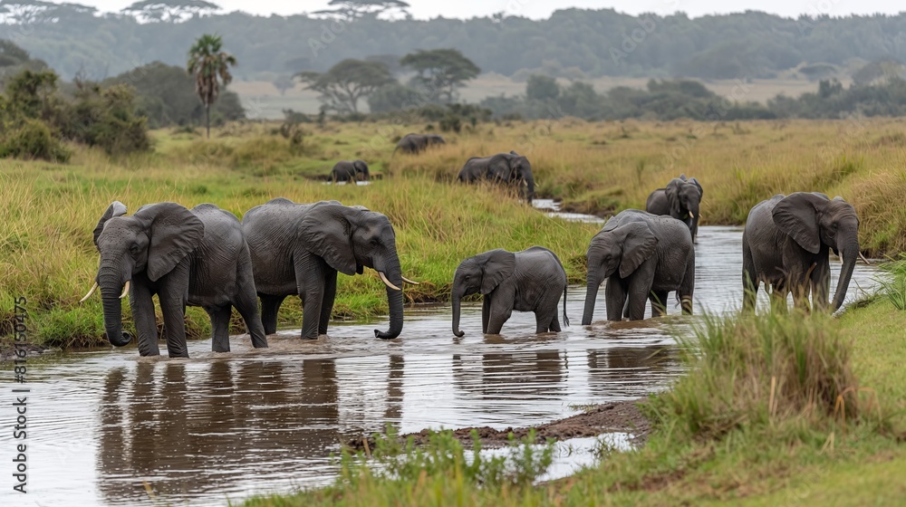 Obraz premium Nature documentary, elephants at a watering hole, African savanna, herd with playing calves, soft diffused daylight, birds in the sky created by ai