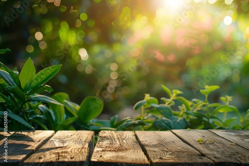 Vibrant Garden Fragments Illuminating a Sleek Wood Table Top A Tranquil Key Visual for Product Display or Design Layout