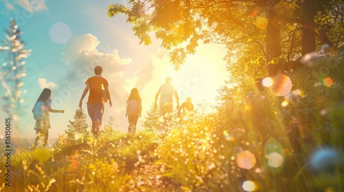 A group of cheerful people walking and having fun together in a beautiful nature setting on a sunny day, feeling the beauty and the energy of the outdoors, Happy family day hyper realistic  © Johannes