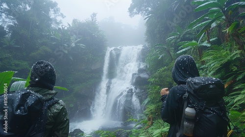 Two hikers in rain jackets standing in front of a misty waterfall in a lush rainforest. depicts adventure and exploration in nature. mist and water droplets create a serene, almost magical atmosphere. © N Joy Art 