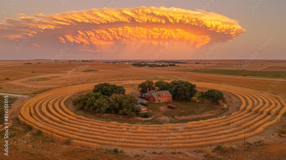 Fototapeta premium Aerial view of a circular farm field with a farmhouse and trees at the center. The golden crops form concentric circles around the green trees. In the background, a dramatic orange cloud formation