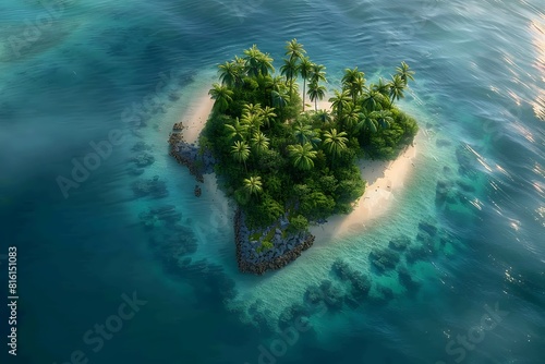 A breathtaking aerial view of a heart-shaped island paradise. Lush palm trees fringe the white sand beach, and crystal-clear water surrounds it. © AI ARTISTRY