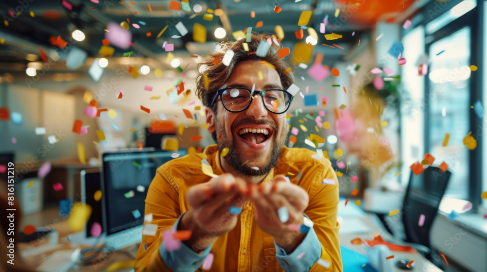 Happy guy in an office environment, sitting in front of a computer blowing confetti on his female colleague Happy guy in an office environment, sitting in front of a computer blowing confetti on his female colleague