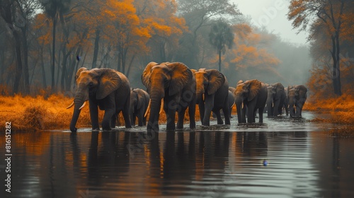 Nature documentary, elephants at a watering hole, African savanna, herd with playing calves, soft diffused daylight, birds in the sky created by ai