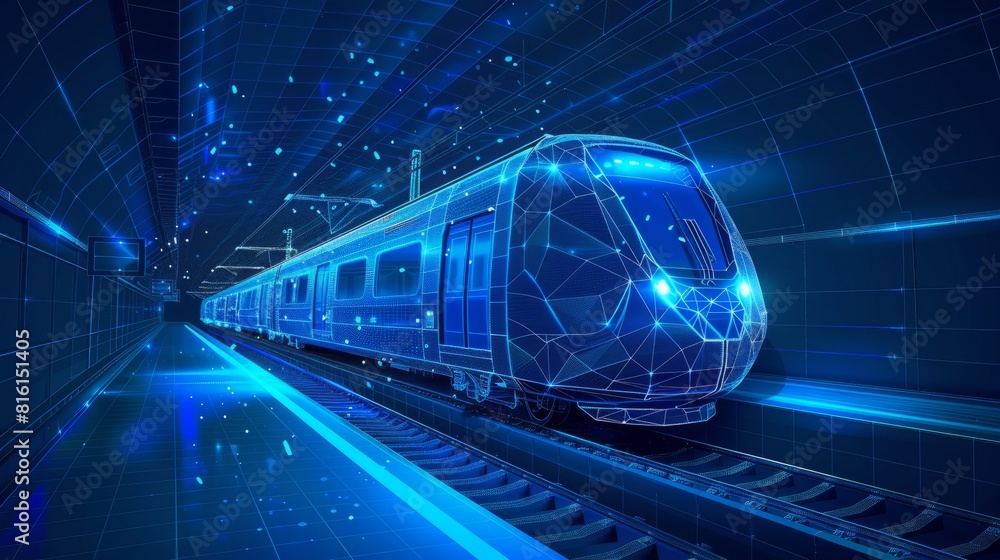 Abstract polygonal 3d wireframe of modern train at railway station or metro. Digital vector mesh looks like starry sky. Rapid transit system, transportation, railway logistics concept in dark blue Abstract polygonal 3d wireframe of modern train at railway station or metro. Digital vector mesh looks like starry sky. Rapid transit system, transportation, railway logistics concept in dark blue