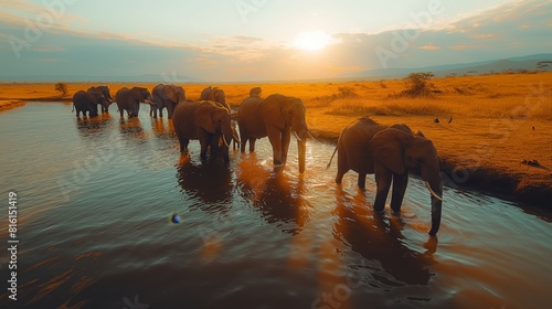 Nature documentary, elephants at a watering hole, African savanna, herd with playing calves, soft diffused daylight, birds in the sky created by ai