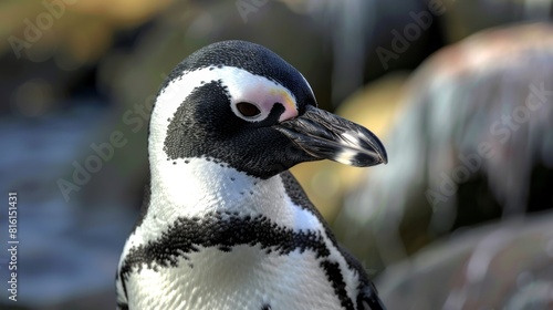 Dramatic soft focus image of a penguin with intricate feather details and shadows playing across its face