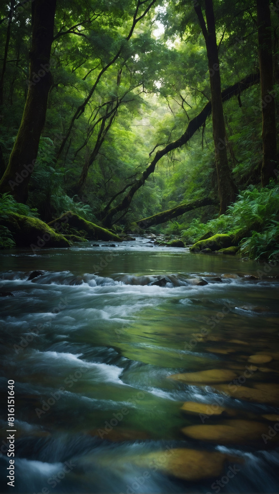 Tranquil River Flowing Through Verdant Forest Canopy Tranquil River Flowing Through Verdant Forest Canopy