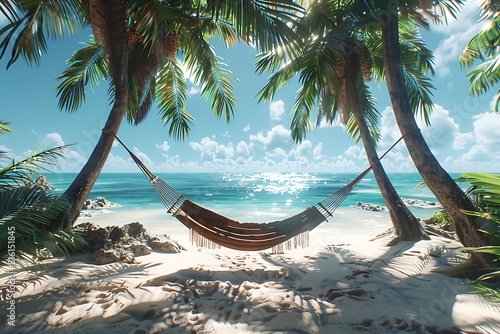 A private beach paradise under a scorching summer sun. Hammocks strung between palm trees offer a gentle sway in the heat.