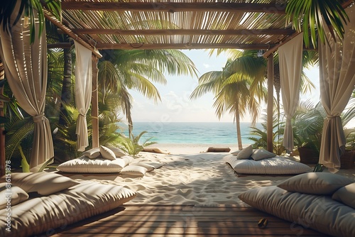 A private beachside cabana with plush white cushions offers respite from the summer heat. Palm trees sway gently in the breeze  casting dappled light.