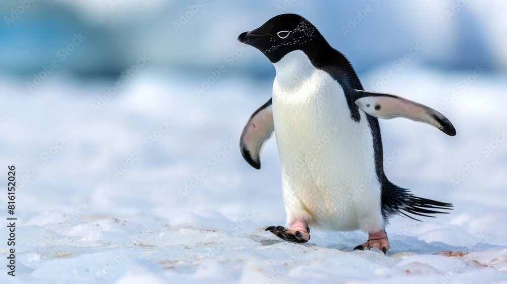Fototapeta premium A charming Adelie Penguin captured standing on an ice glacier, in Antarctica with its wings open, embodying freedom and exploration