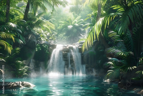 A refreshing dip in a cascading waterfall nestled amongst towering palm trees. Sunlight filters through the lush foliage, creating a cool oasis.